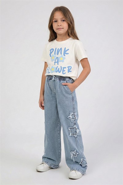 Kız Çocuk Çiçek İşlemeli Tshirt Mavi 4-9 Yaş