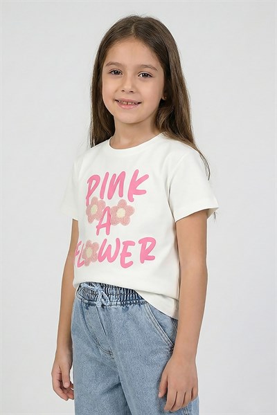 Kız Çocuk Çiçek İşlemeli Tshirt Pembe 4-9 Yaş