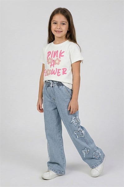 Kız Çocuk Çiçek İşlemeli Tshirt Pembe 4-9 Yaş
