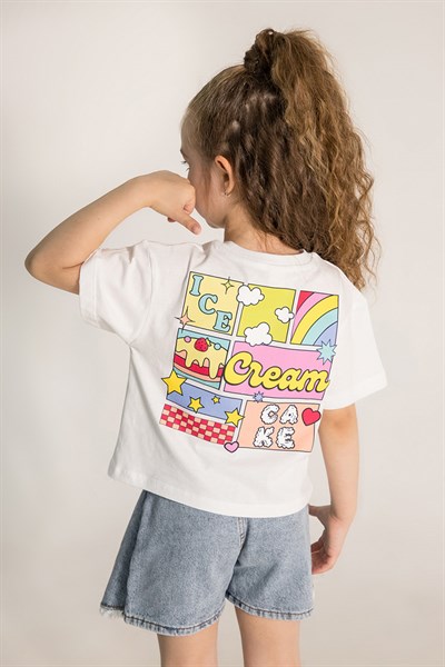 Kız Çocuk Crop Baskılı Tshirt Beyaz 4- 9 Yaş
