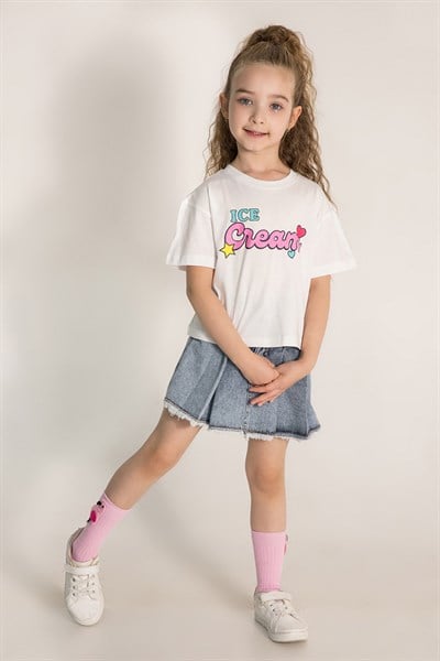 Kız Çocuk Crop Baskılı Tshirt Beyaz 4- 9 Yaş