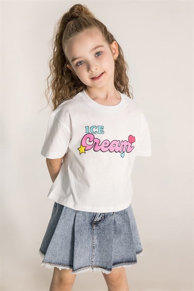 Kız Çocuk Crop Baskılı Tshirt Beyaz 4- 9 Yaş