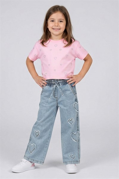 Kız Çocuk Crop Taşlı Kalp Desenli Tshirt Pembe 4-9 Yaş