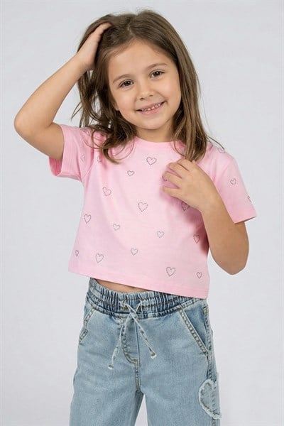 Kız Çocuk Crop Taşlı Kalp Desenli Tshirt Pembe 4-9 Yaş
