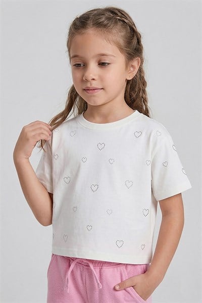 Kız Çocuk Crop Taşlı Kalp Desenli Tshirt Ekru 4- 9 Yaş