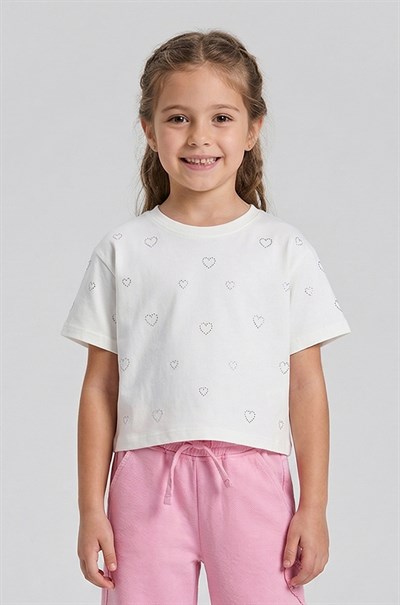 Kız Çocuk Crop Taşlı Kalp Desenli Tshirt Ekru 4- 9 Yaş