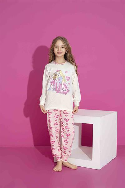 Kız Çocuk Desenli Krem Uzun Kollu Pijama Takımı