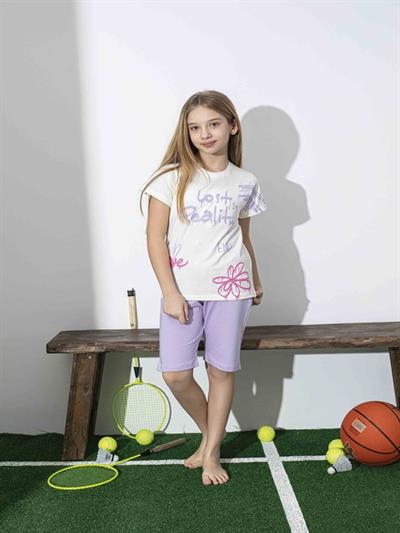 Kız Çocuk Desenli Lila Şortlu Pijama Takımı