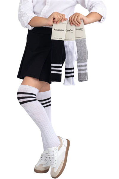 Kız Çocuk Dizaltı Çorap  3 Çift Beyaz-Siyah-Siyah