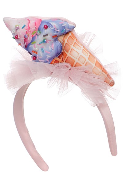 Kız Çocuk Dondurma Baskılı Parti Elbisesi, Gökkuşağı Tül ve Saç Bandı Doğum Günü - PartiElbisesi 3-7 Yaş 36042PR-Pembe