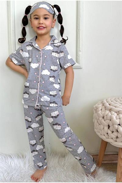Kız Çocuk Düğmeli  Koyun Desenli Uzun Kollu Pijama Takımı