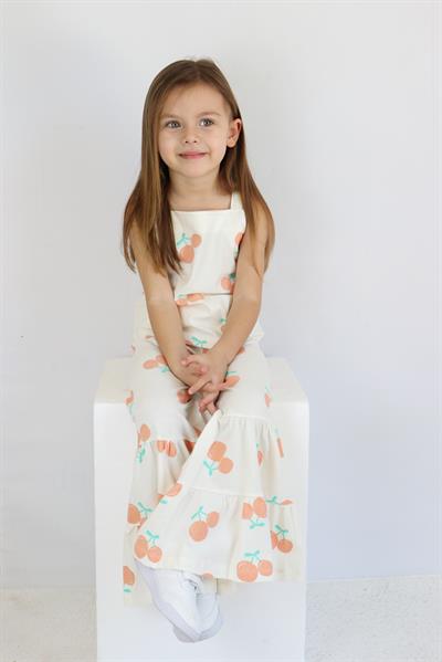 Kız Çocuk Ekru Kiraz Desenli İspanyol Paça Pantalonlu Takım