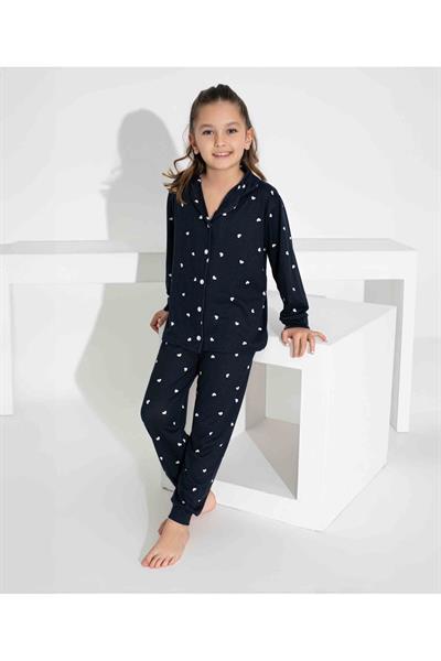 Kız Çocuk Kalp Desenli Düğmeli Uzun Kollu  Pijama Takımı