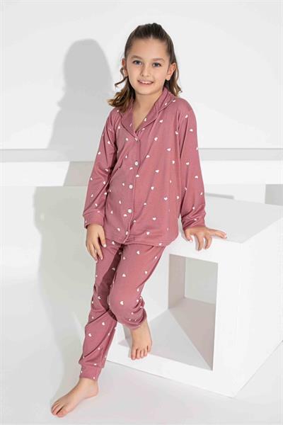 Kız Çocuk Kalp Desenli Düğmeli Uzun Kollu  Pijama Takımı