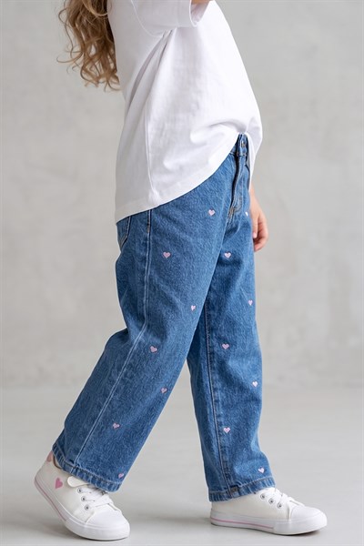 Kız  Çocuk Kalp Nakışlı Denim Kot Pantolon Mavi 2-7 Yaş
