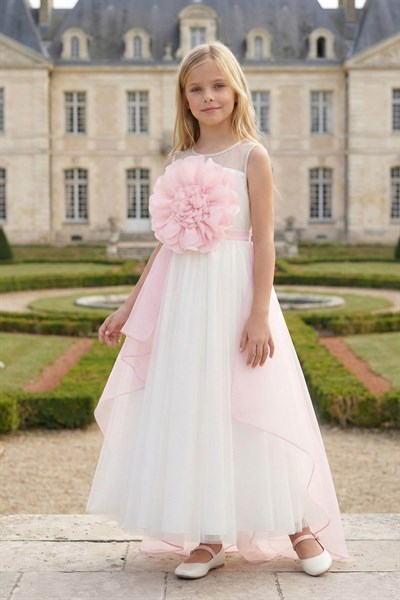 Kız Çocuk Kat Kat Organza Elbise, Büyük Çiçek Desenli Doğum Günü - Parti - Mezuniyet Elbisesi Ekru (8-15 Yaş) 36019PR