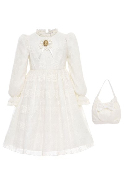 Kız Çocuk Klasik Dantelli Elbise ve Çanta Doğum Günü - Parti Elbisesi 3-7 Yaş, 36311PR-Ekru