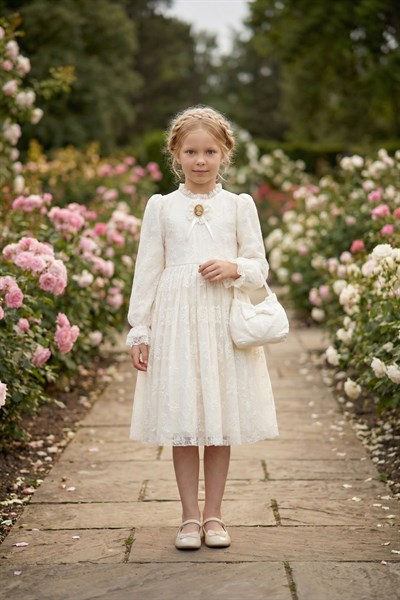 Kız Çocuk Klasik Dantelli Elbise ve Çanta Doğum Günü - Parti Elbisesi 3-7 Yaş, 36311PR-Ekru