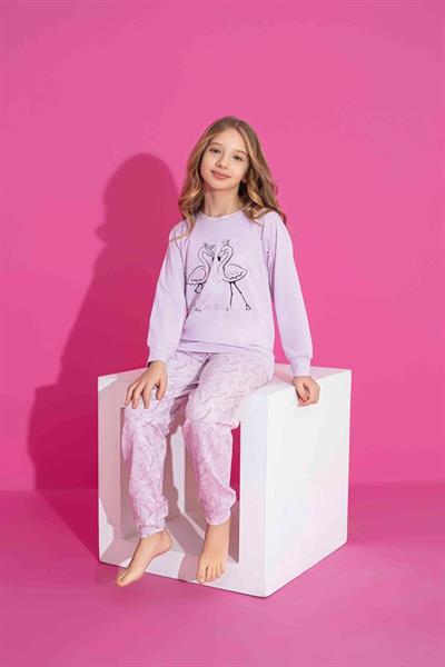 Kız Çocuk Kuğu Desenli Uzun Kollu Pijama Takımı