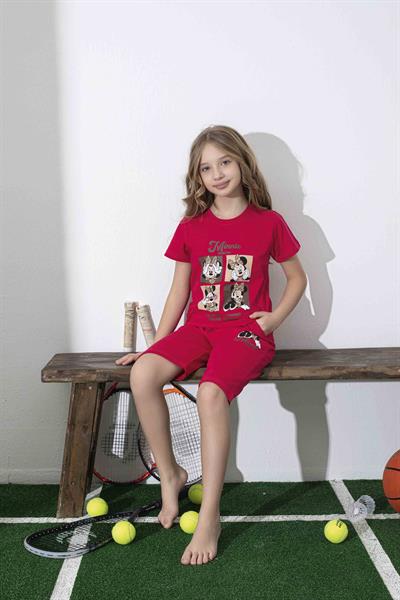 Kız Çocuk Mini Desenli Kırmızı Şortlu Pijama Takımı