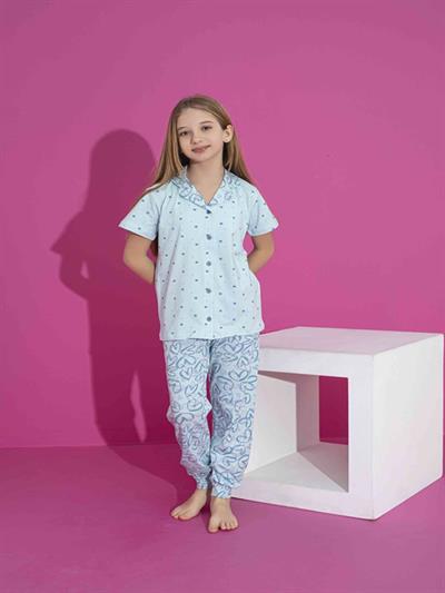 Kız Çocuk Önden Düğmeli Kalp Desenli Mavi Pijama Takımı