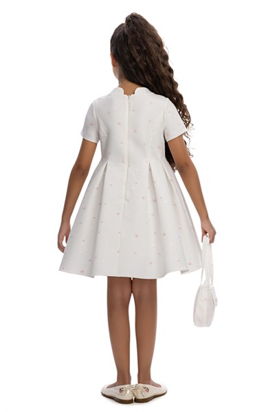 Kız Çocuk Puantiyeli ve Uyumlu Çantalı Doğum Günü -Parti  Elbisesi Ekru (3-7 Yaş) 36305PR
