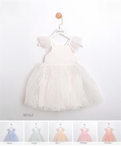 Kız Çocuk Pudra Yıldız Pul Desenli Tüllü Elbise