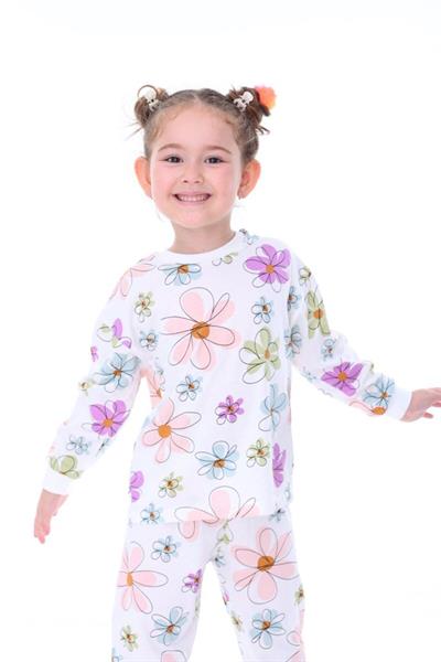 Kız Çocuk Renkli Papatya Desenli  Uzun Kollu Pijama Takımı