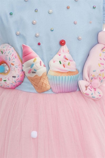 Kız Çocuk Tül Elbise, Donut ve Dondurma Aplike Detaylı + Saç Bandı Doğum Günü - PartiElbisesi3-7 Yaş 36092PR-Pembe