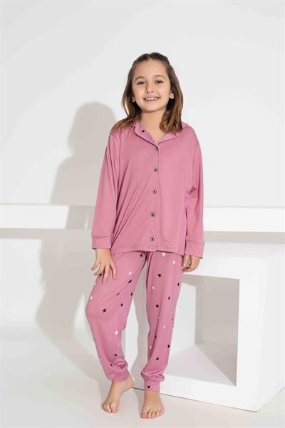 Kız Çocuk Yakası Kalp Desenli Düğmeli Uzun Kollu  Pijama Takımı