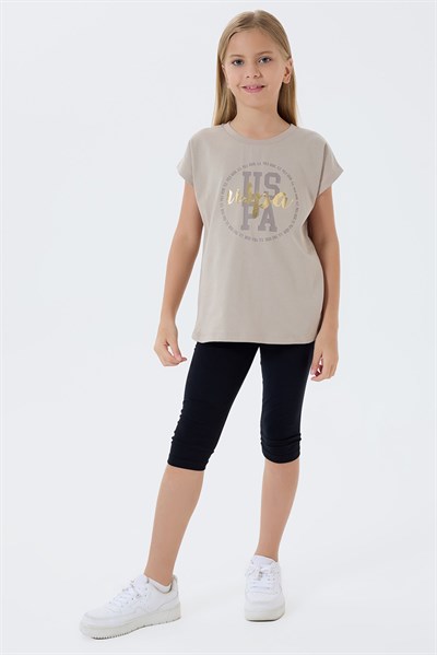 U.S. Polo Assn Kız Çocuk  Kapri Taytlı 2li Takım Kum