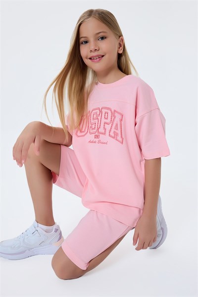 U.S. Polo Assn Kız Çocuk  2 li Şort T-shirt Takım Somon