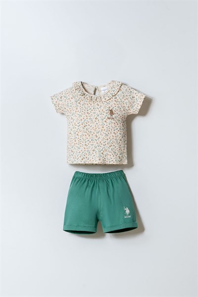 U.S. Polo Assn Kız Bebek 2 li Şort T-shirt Takım Ekru-Yeşil