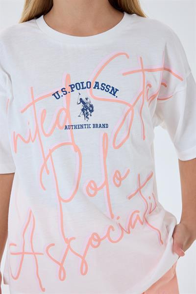 U.S. Polo Assn Kız Çocuk 2 li Şort T-şhirt Takım Koyu Beyaz  - Somon