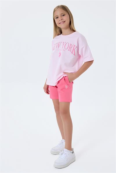 U.S. Polo Assn Kız Çocuk  2 li Şort T-şhirt Takım Koyu Pembe