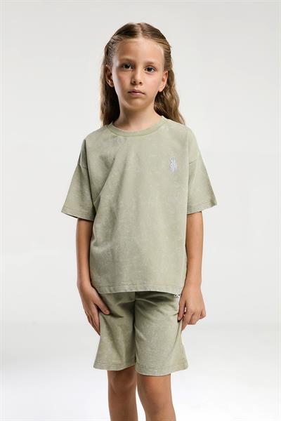 U.S. Polo Assn Kız Çocuk  2 li Bermuda T-şhirt Takım Çay Yeşili