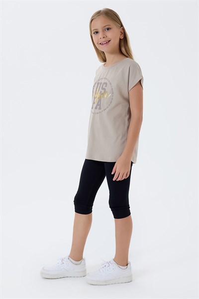 U.S. Polo Assn Kız Çocuk  Kapri Taytlı 2li Takım Kum