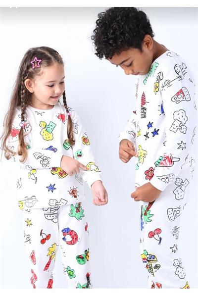 Unisex Desenli Boya Kalemi İle Boyanıp Yıkanabilen Uzunkollu Pijama Takımı Ve Boyakalemi