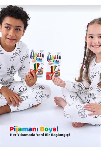 Unisex Desenli Boya Kalemi İle Boyanıp Yıkanabilen Uzunkollu Pijama Takımı Ve Boyakalemi