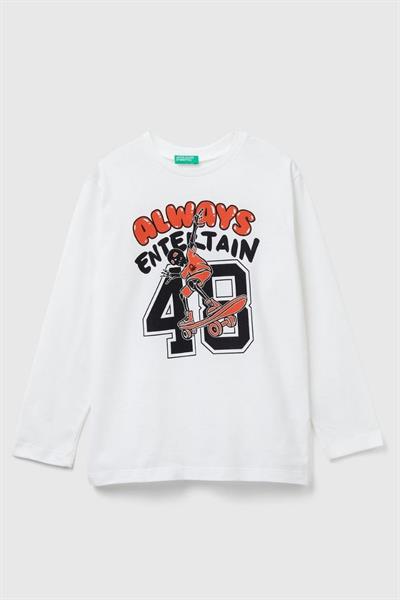 United Colors of Benetton Erkek Çocuk 3JERC10QO-25K  Uzun Kol Tshirt Beyaz
