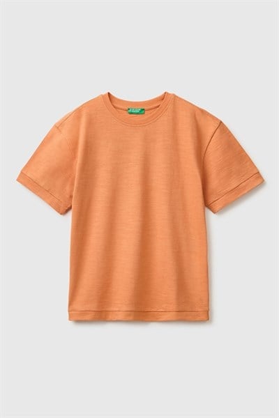 United Colors of Benetton Erkek Çocuk Turuncu Arkası Baskı Detaylı Bisiklet Yaka T-Shirt 6-14 Yaş 