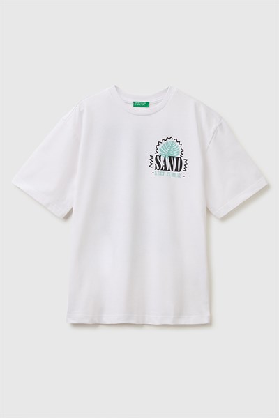 United Colors of Benetton Erkek Çocuk Ön ve Arka Fotoğraf Baskı Detaylı Bisiklet Yaka T-Shirt Beyaz-Pembe 6-13 Yaş