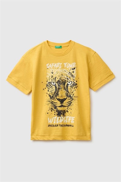 United Colors of Benetton Erkek Çocuk Hardal Sarısı Önü Baskı Detaylı Bisiklet Yaka T-Shirt 6-14 Yaş 