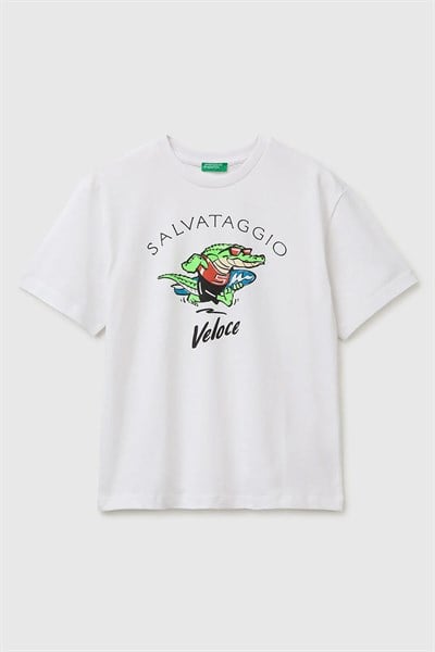 United Colors of Benetton Erkek Çocuk Ön Baskı Detaylı Bisiklet Yaka T-Shirt Beyaz Ekru 6-13 Yaş