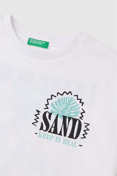 United Colors of Benetton Erkek Çocuk Ön ve Arka Fotoğraf Baskı Detaylı Bisiklet Yaka T-Shirt Beyaz-Pembe 6-13 Yaş