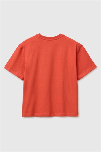 United Colors of Benetton Erkek Çocuk Ön Baskı Detaylı Bisiklet Yaka T-Shirt Kırmızı Ekru 6-13 Yaş