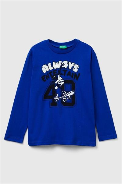 United Colors of Benetton Erkek Çocuk 3JERC10QO-25K  Uzun Kol  Tshirt Mavi