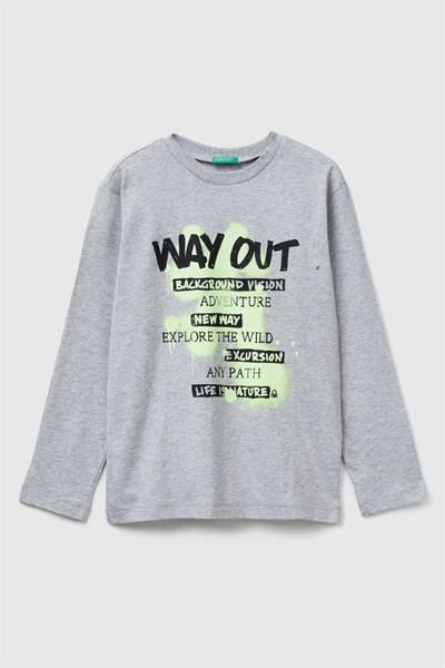 United Colors of Benetton Erkek Çocuk 3JERC10QO-25K  Uzun Kol Tshirt Gri Melanj