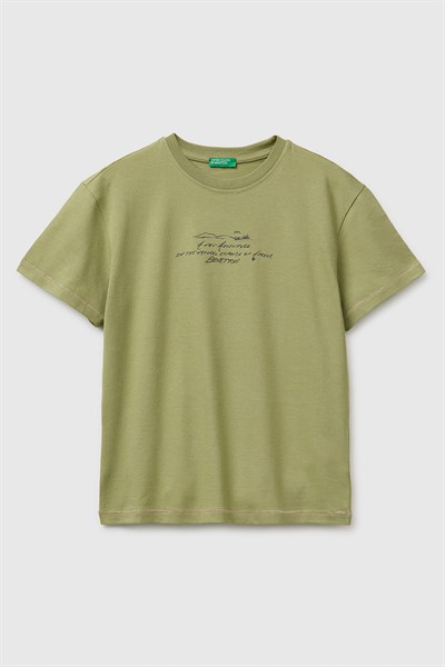 United Colors of Benetton Erkek Çocuk Önü Baskılı Arkası İşlemeli Bisiklet Yaka T-Shirt Haki 6-13 Yaş