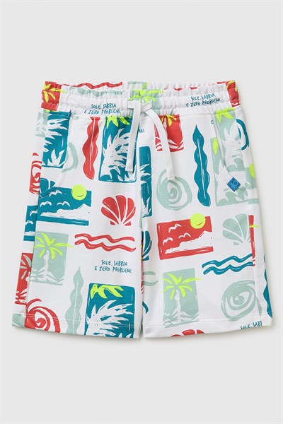 United Colors of Benetton Erkek Çocuk Beli Lastikli Relaxed Fit Bermuda Şort Beyaz Mix 6-9 Yaş